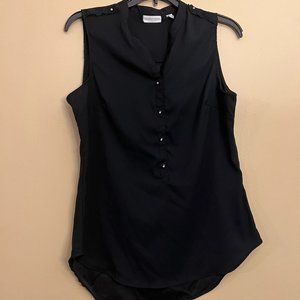 New York & Company Black V Neck Tank Top gold button accent, Size M